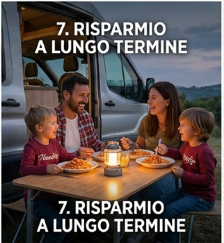 Famiglia seduta attorno al tavolo a cenare fuori dal camper